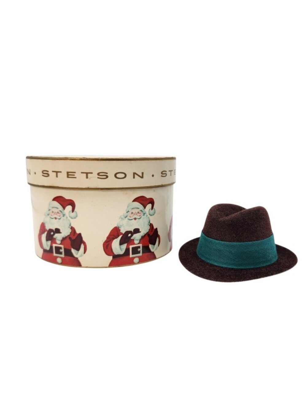 Vintage Stetson Santa Christmas Hat Box w Brown Flocked Mini Hat Advertising Dis